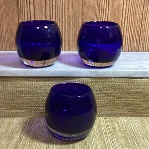 Vintage Polish Cobalt Blue Etched Starburst Art Glass Votive Candle Holders